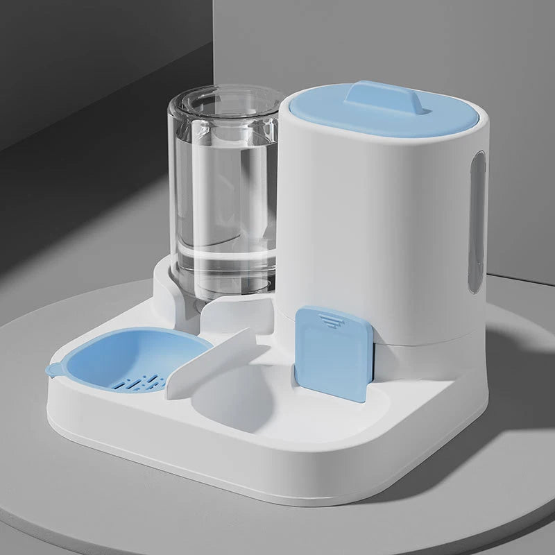 Pet water and food dispenser with blue accents on a gray surface
