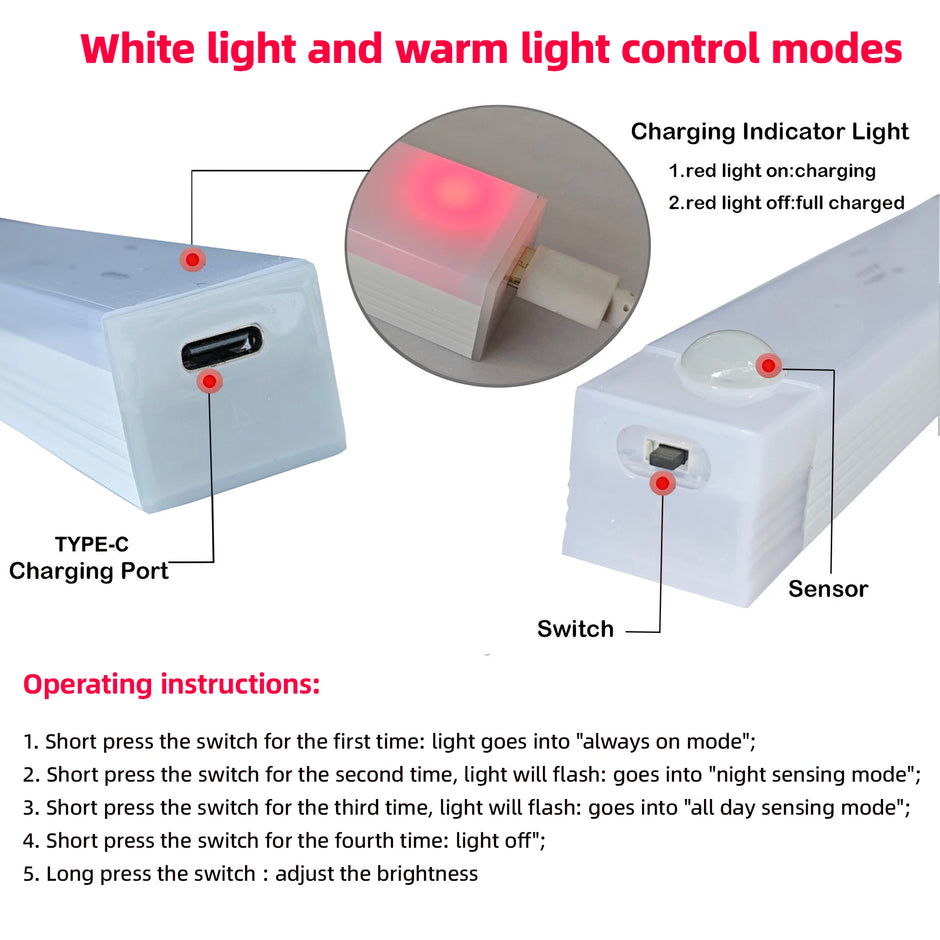 Diagram of a light control device with labeled parts and operating instructions.