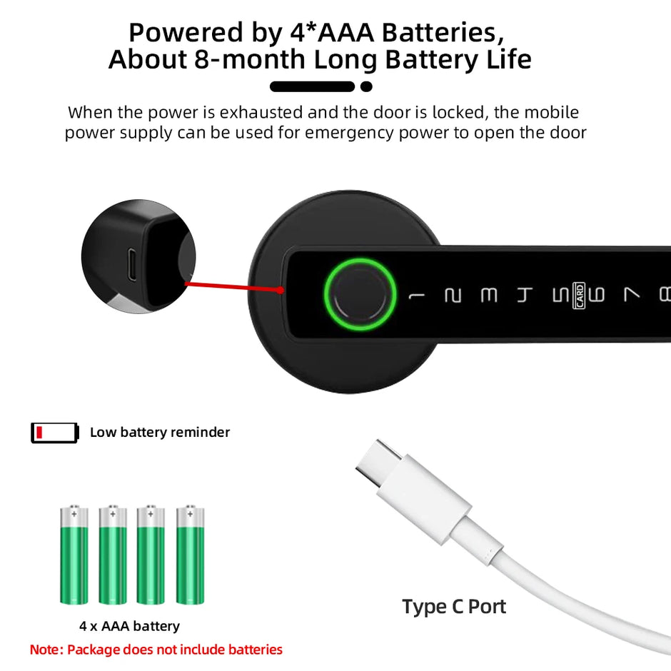 Technical diagram of a door lock system with battery and power supply details.