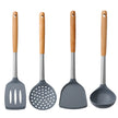 Set of four gray kitchen utensils with wooden handles on a white background