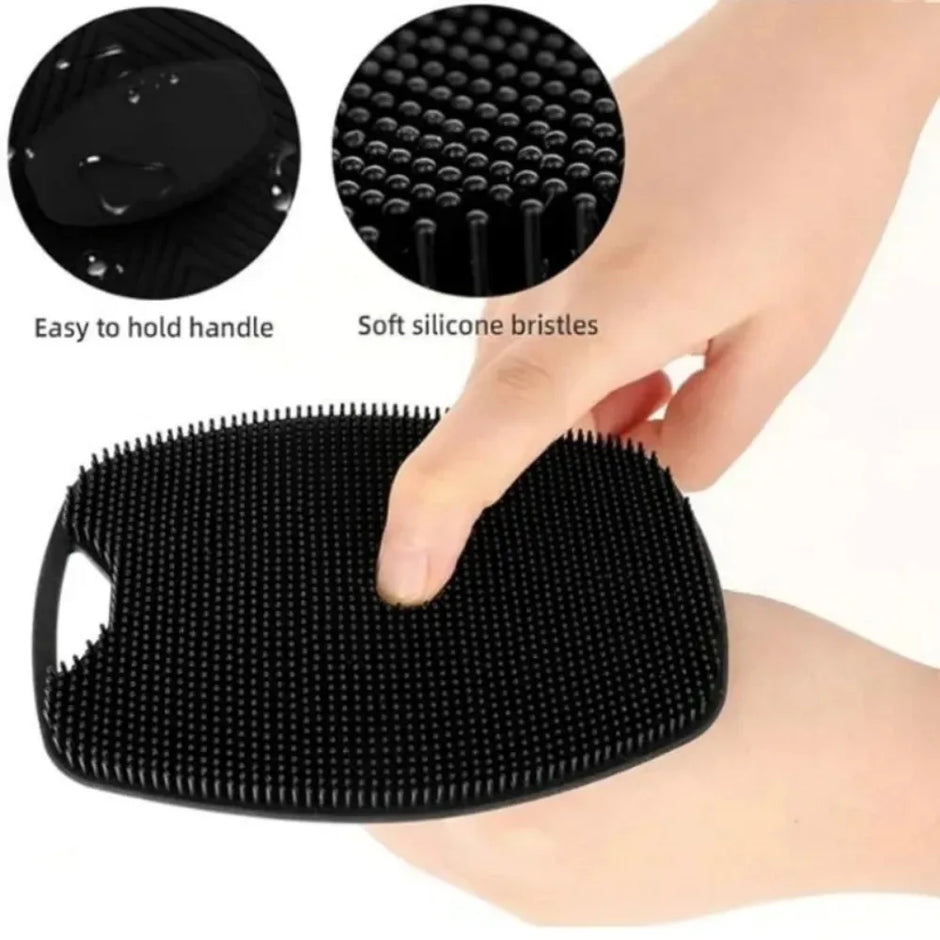 Black silicone scrubber held by a hand with close-up details on handle and bristles.