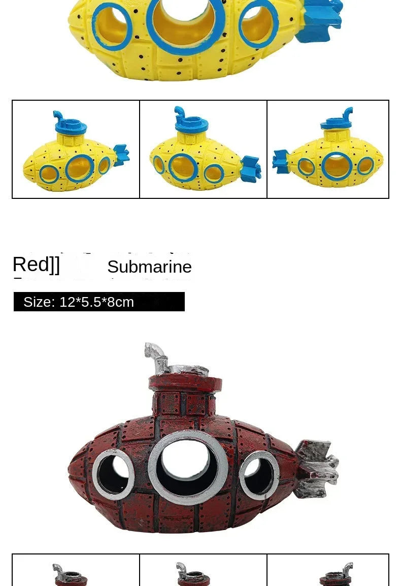 Yellow submarine toy with additional views and red submarine toy with size information.