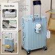 Light blue suitcase with features highlighted on a white background