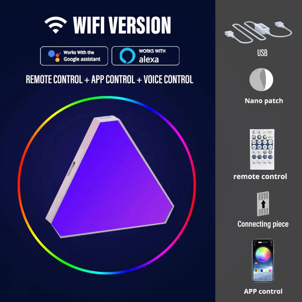Smart device with control options including remote control, app control, and voice control on a dark background.