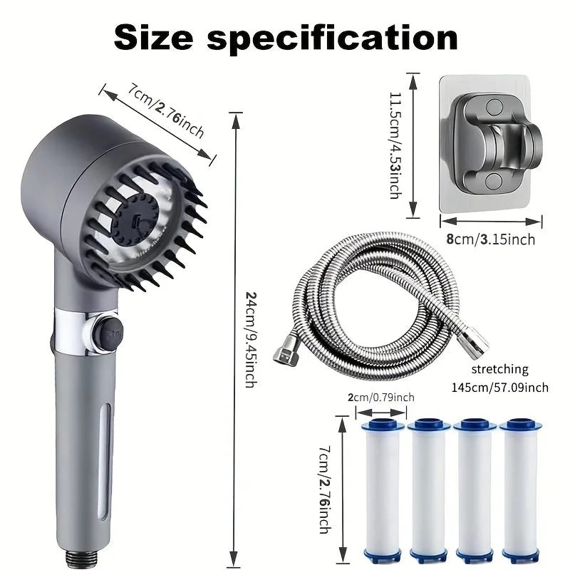 Handheld shower head with hose and filters, showing size specifications on a white background.