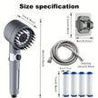 Handheld shower head with hose and filters, showing size specifications on a white background.