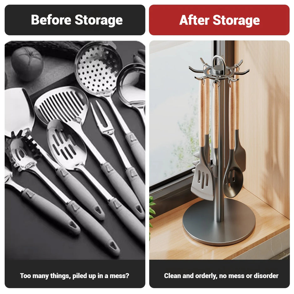 Comparison of kitchen utensils before and after storage on a stand.