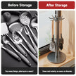 Comparison of kitchen utensils before and after storage on a stand.