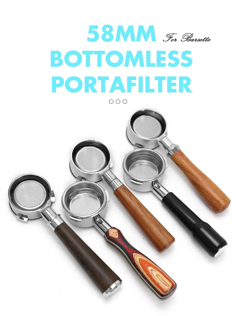 Set of 58mm bottomless portafilter with various handle colors on a white background