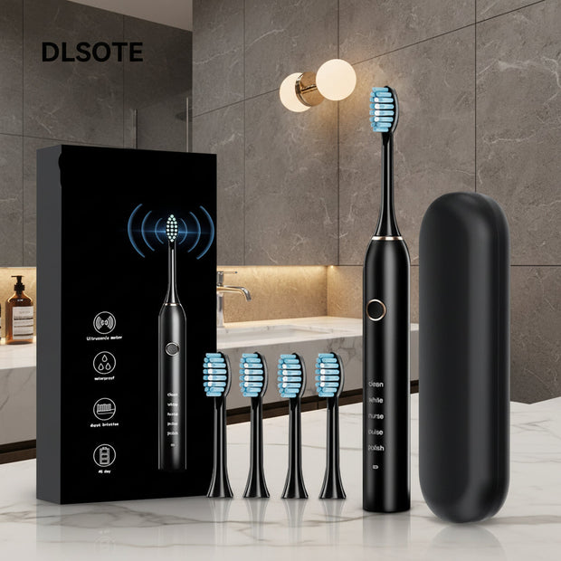 DLSOTE electronic toothbrush set with packaging, brush head, and case on a white background