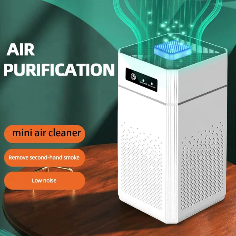 Mini air cleaner with air purification text and features on a green background