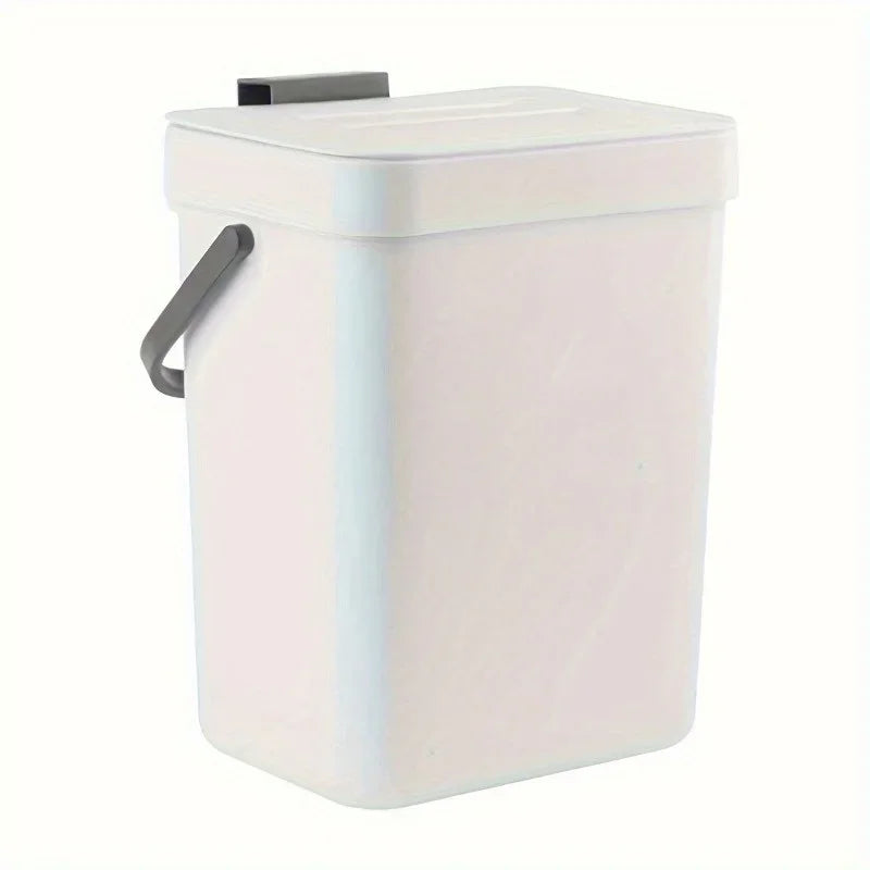 White rectangular trash can with a gray handle on a white background