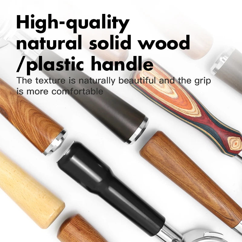 Various tools with wooden and plastic handles on a white background, with text highlighting the quality of the handles.