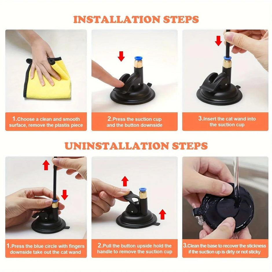 Step-by-step guide on how to install and uninstall a suction cup with a cat wand attachment.