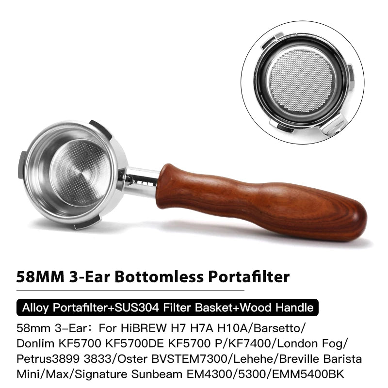 بورتافيلتر 58mm بدون قاع – 3 آذان، سلة SUS304، متوافق مع Breville وHiBREW وBarsetto والمزيد
