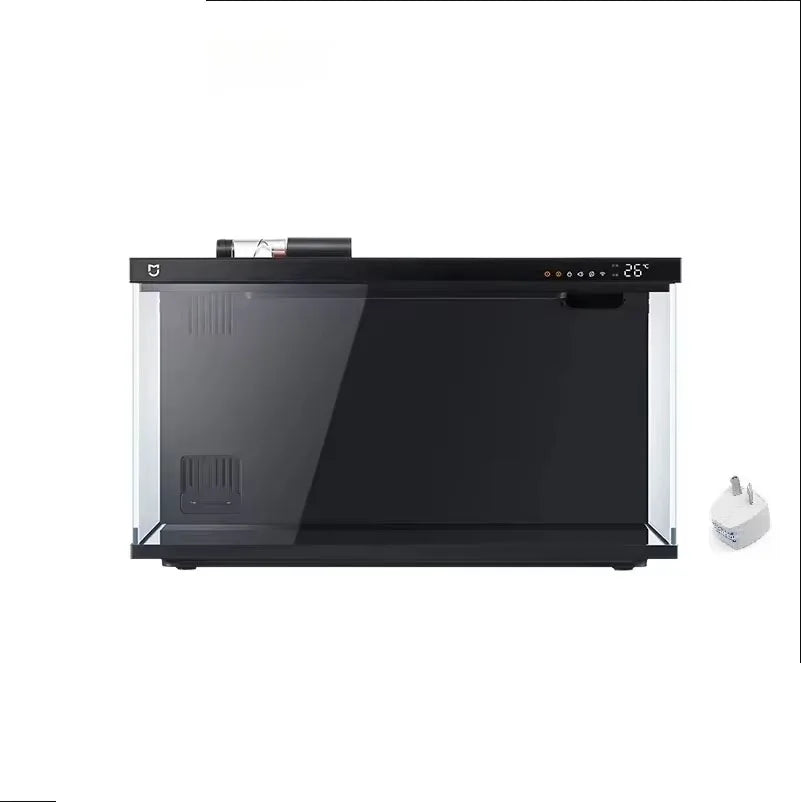 Black aquarium with clear front panel on a white background