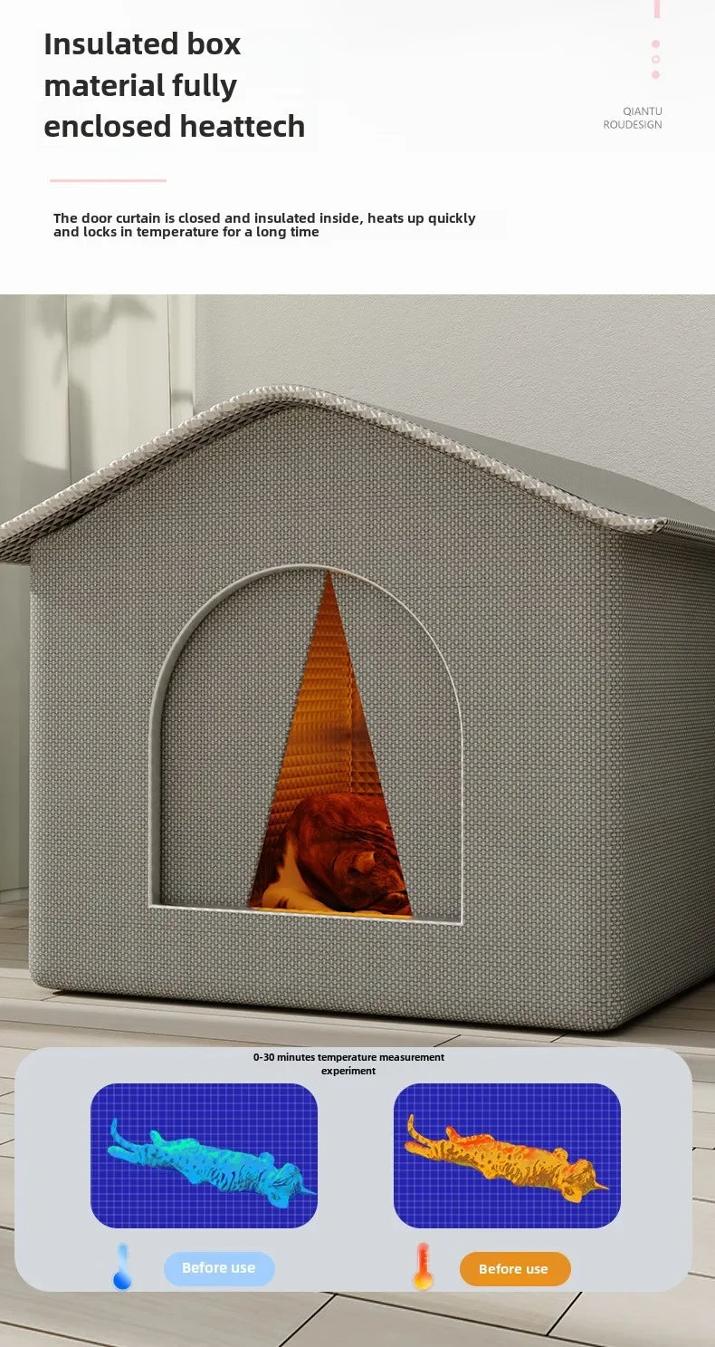 Gray insulated box with a door open, showing heat technology, on a light wooden floor.