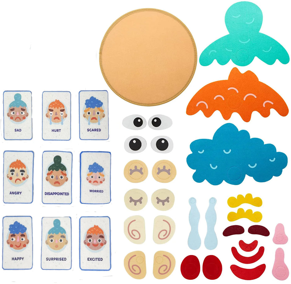 Set of felt , including faces, eyes, and facial expressions on a white background.