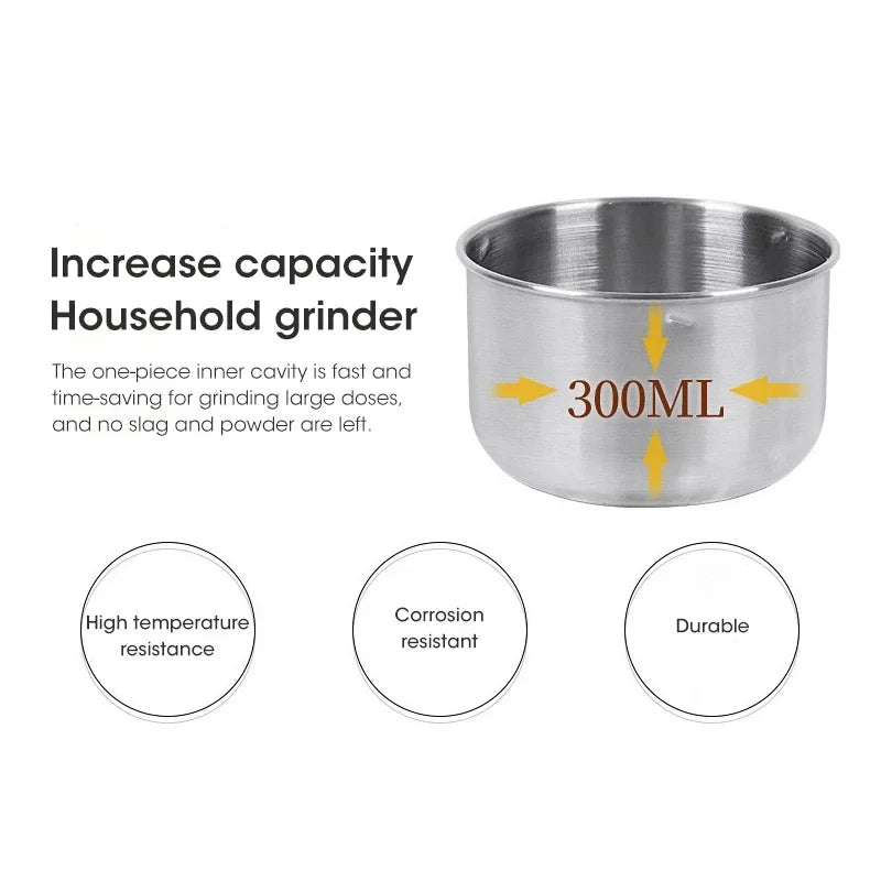 Stainless steel household grinder with 300ML capacity on a white background