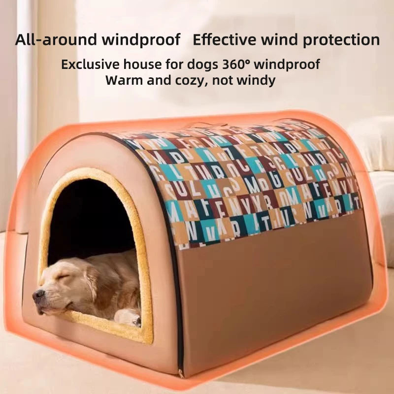 Dog house with text highlighting windproof features and comfort