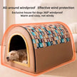 Dog house with text highlighting windproof features and comfort