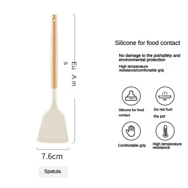 Silicone spatula with wooden handle and measurement details on a white background