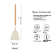 Silicone spatula with wooden handle and measurement details on a white background