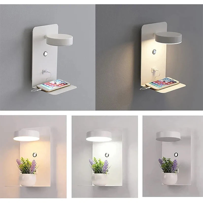 Wall-mounted light fixture with phone charging station and plant holder on a gray background