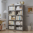 Gray bookshelf with books and decor items in a room setting