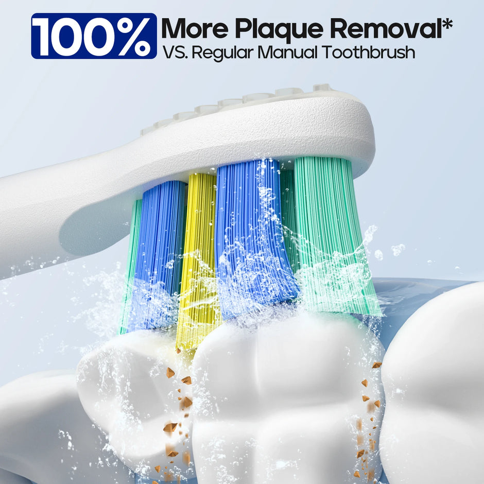 Electric toothbrush with colorful bristles cleaning teeth against a light blue background