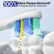 Electric toothbrush with colorful bristles cleaning teeth against a light blue background