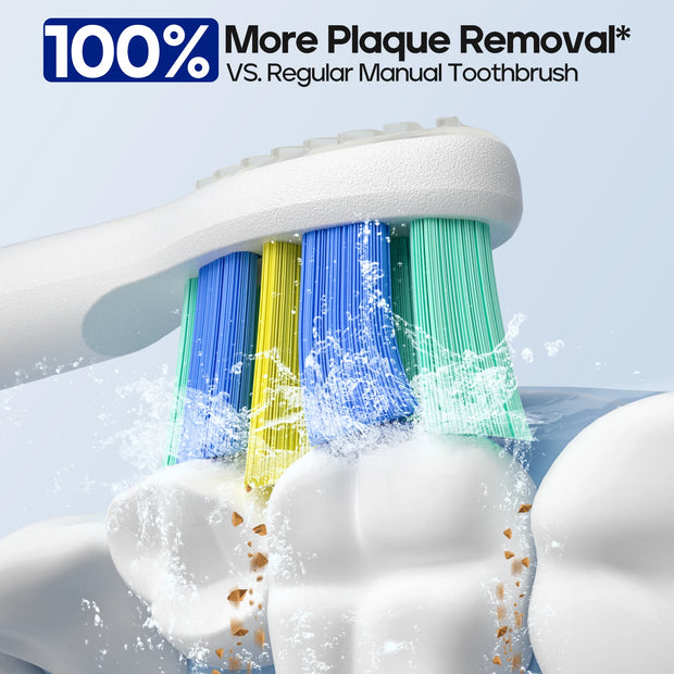 Electric toothbrush with colorful bristles cleaning teeth against a light blue background