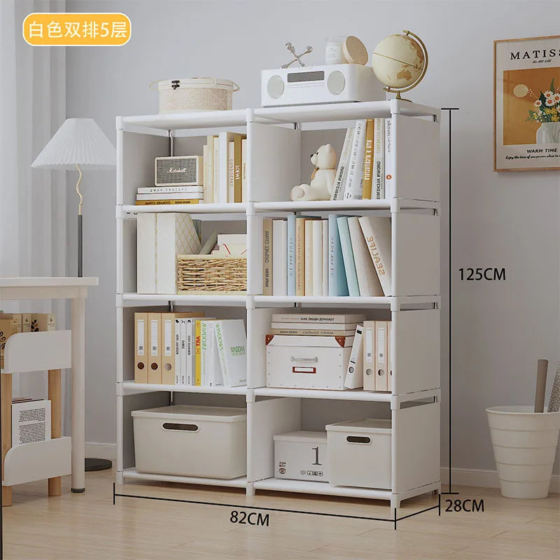White bookshelf with books and decor items in a room setting, with dimensions displayed.
