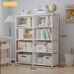 White bookshelf with books and decor items in a room setting, with dimensions displayed.