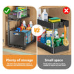 Two storage solutions shown with 'vs' in the middle, one with plenty of storage and the other with small space.
