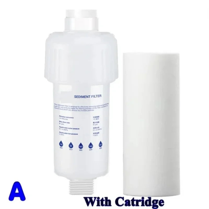 White sediment filter with and without a cartridge on a white background