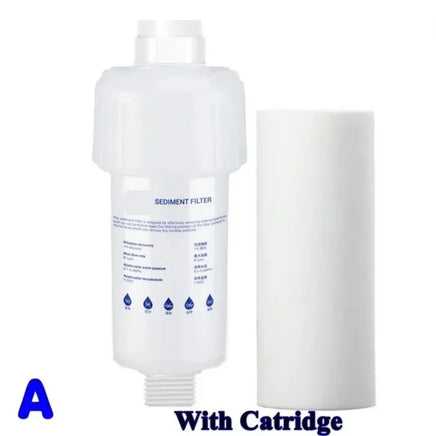 White sediment filter with and without a cartridge on a white background