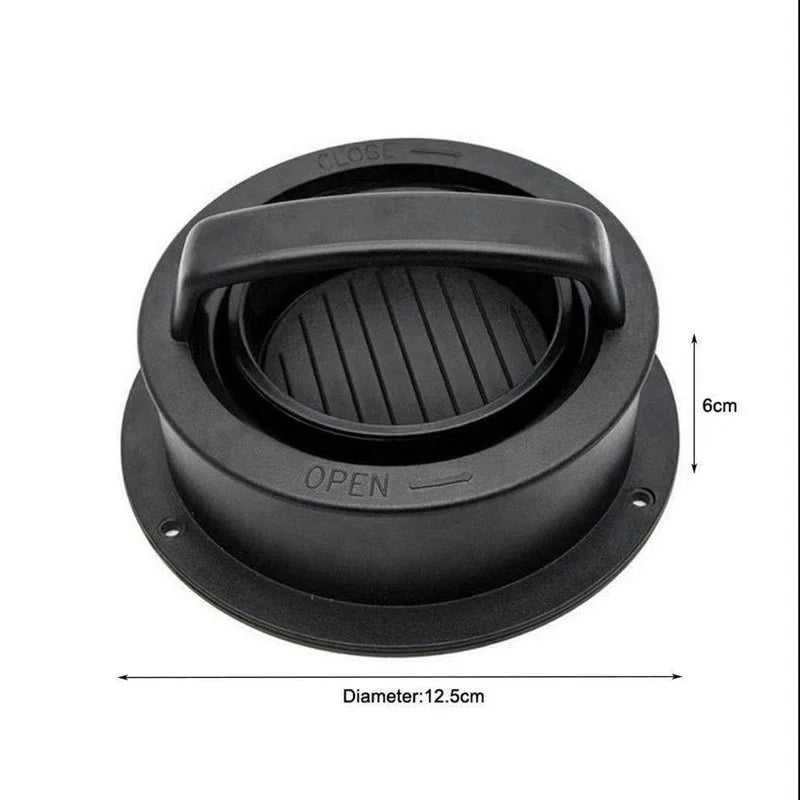 Black plastic lid with 'OPEN' label and dimensions on a white background