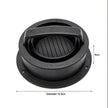 Black plastic lid with 'OPEN' label and dimensions on a white background