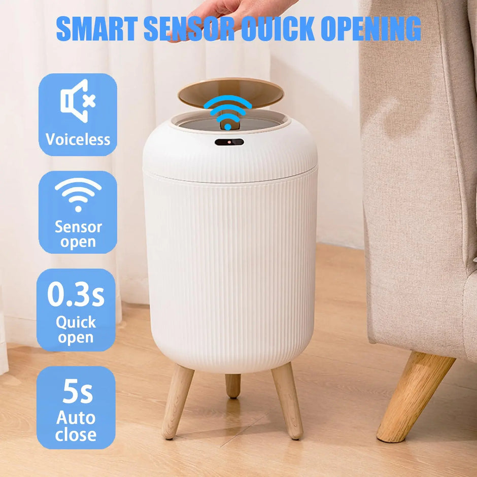White trash bin with sensor and voiceless features on a wooden floor.