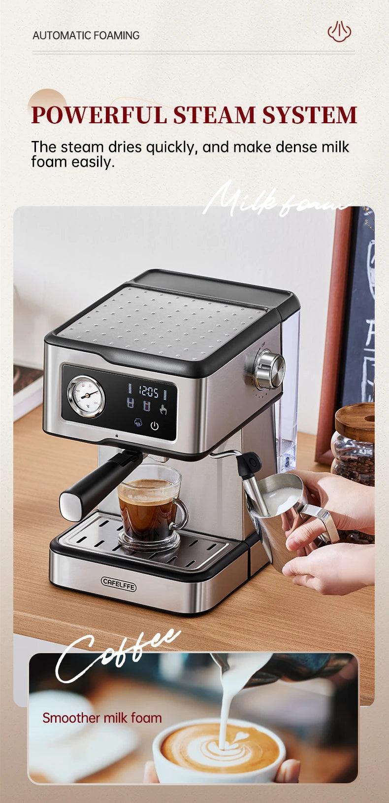 ماكينة إسبريسو Cafelffe شبه أوتوماتيكية – 20 بار، لوحة لمسية، ذراع بخار، 1.5 لتر