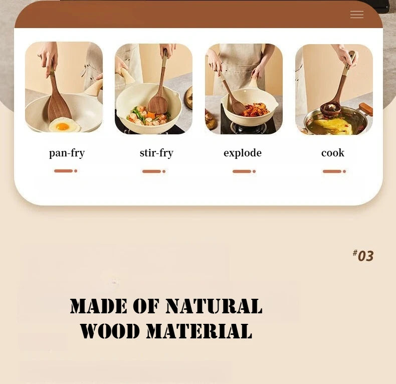 Wooden cooking utensils with text labels on a beige background