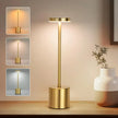 Gold table lamp on a wooden surface with a vase and plant in the background