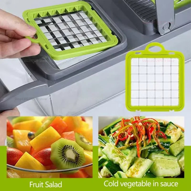 Vegetable chopper with interchangeable grid attachments, shown with fruit salad and cold vegetable dish images.