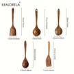 Set of wooden kitchen utensils with measurements on a white background, featuring the brand 'KEMORELA'.