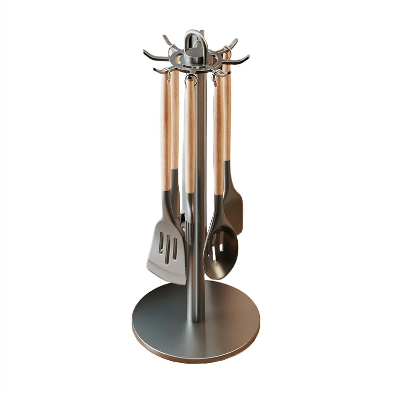 Set of kitchen utensils on a stand with a white background