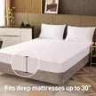 Bed with white mattress cover and pillows in a bedroom setting.