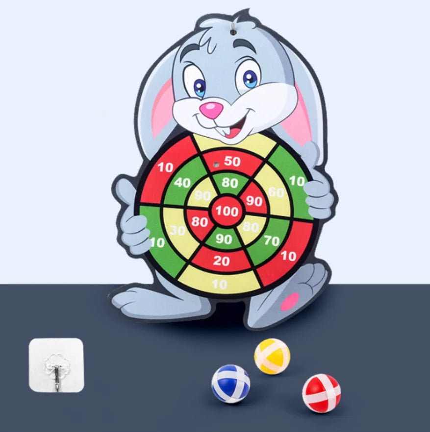 Cartoon character holding a dartboard with darts on a light blue background