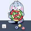 Cartoon character holding a dartboard with darts on a light blue background