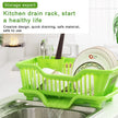 Green kitchen drain rack with dishes on a sink, text about storage and health benefits.